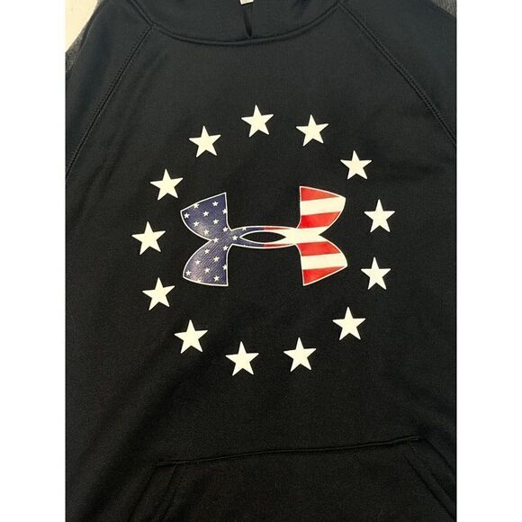 Under Armour Boys Loose Sweatshirt Hoodie YSM American Flag Stars Gray Arm - Picture 14 of 16